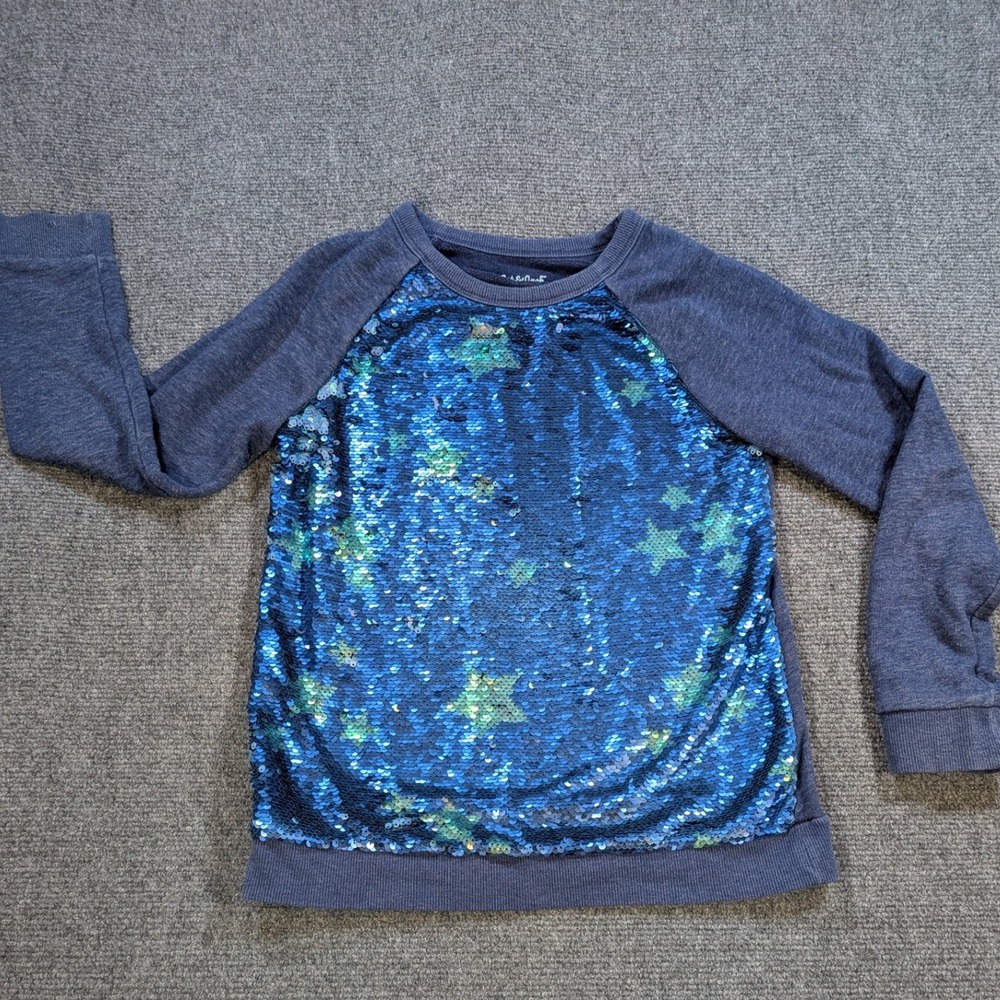 Cat & Jack Flip Sequin Star Sweatshirt Kids Size L 10/12 Blue Raglan Pullover